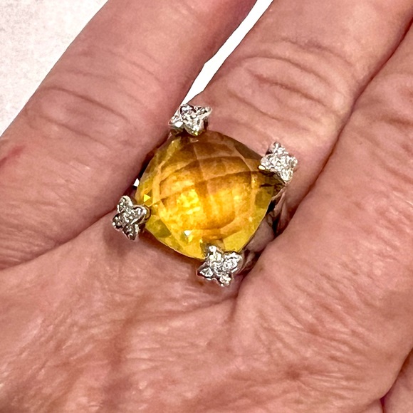 David Yurman Lemon Citrine Ring 925 Silver 15mm Cushion on Point Diamonds Sz 7.5 - Picture 9 of 9